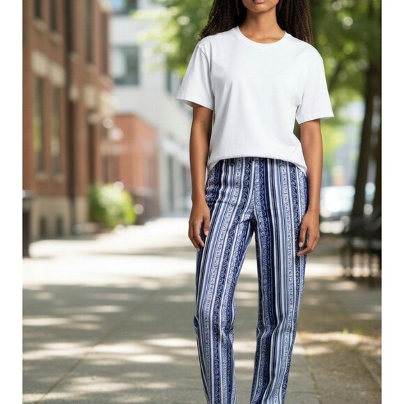 Blue & White Striped Pattern High-Waisted Lightweight Pants Womens Size M - Picture 2 of 14